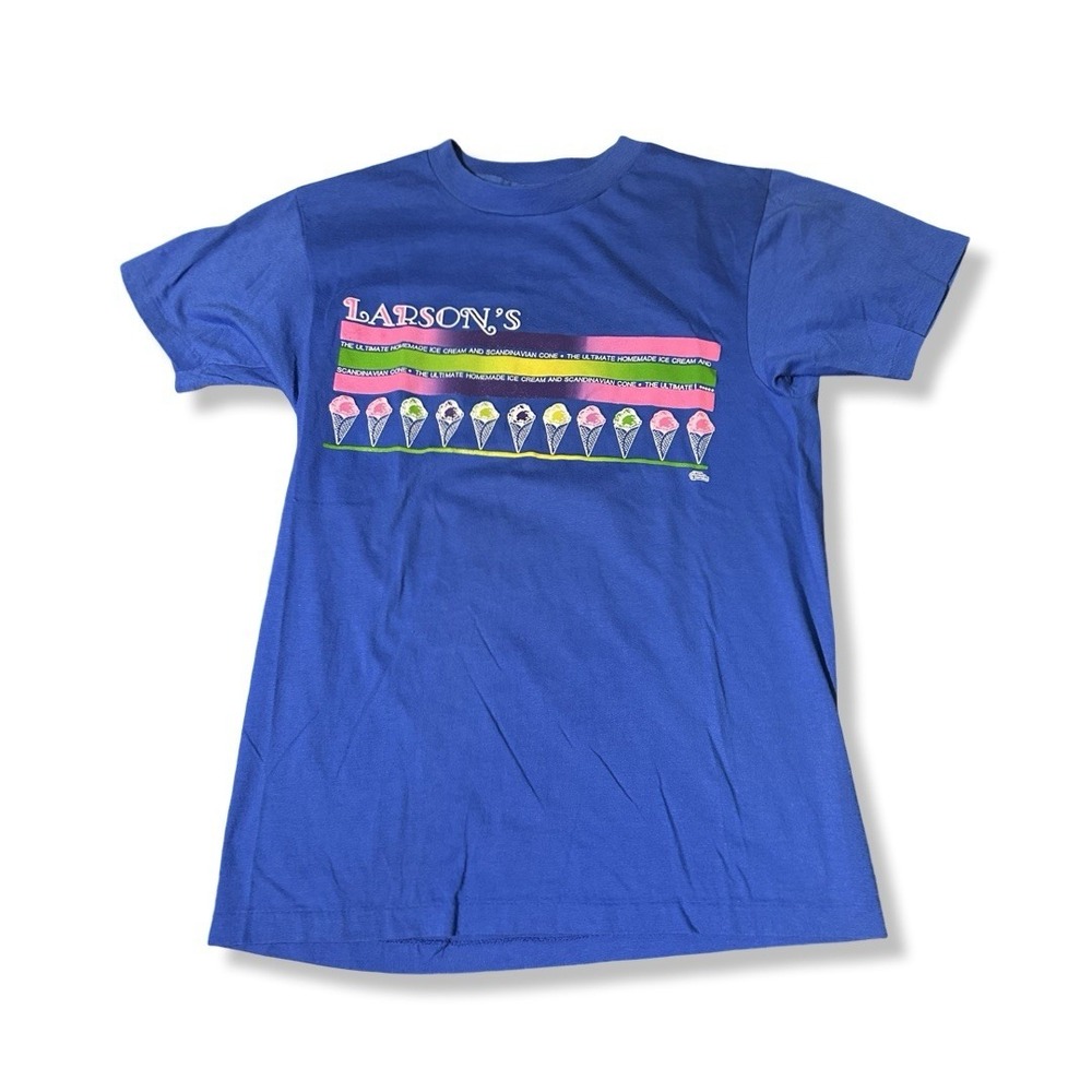 Vintage 80s Larsons Ice Cream Blue Graphic T Shirt Size Medium Made In USA